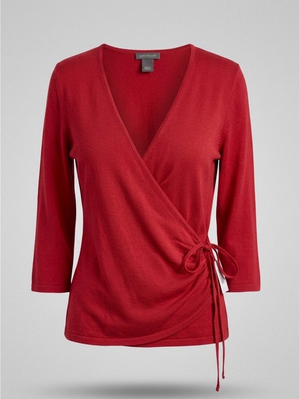 Ann Taylor Crimson Mock Wrap-Front Three-Quarter Sleeve Top, Silk/Cotton Blend